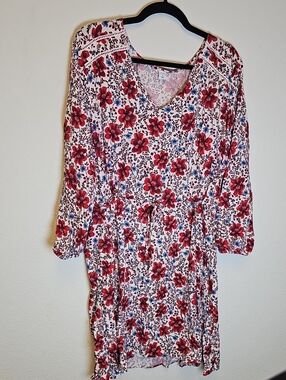 Old Navy White Dress with Poppy Red Floral Print Cinch Waist Adjustable XL